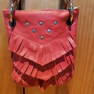 Red leather fringe crossbody festival silver accents adjustable 8.5x7" Stud Boho